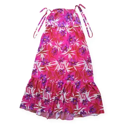 Vestido Longo Costa de Fora Cintura Alta Estampa Floral com Flores Roxas (Com Forro) - T