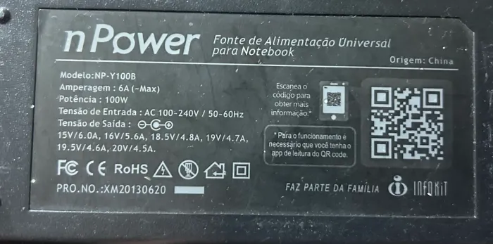 fonte de alimentação universal nPower (modelo NP-Y100B) para notebooks.