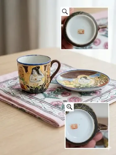 Conjunto Satsuma Raro - Xícara e Pires Japão Meiji - Pintura à Mão e Ouro 24k