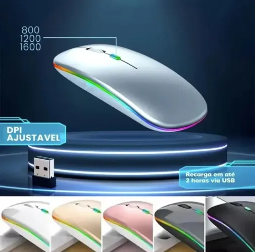Mouse Sem Fio Recarregável com LED RGB, Clique Silencioso, 2,4 GHz, Ergonômico, para Gamer