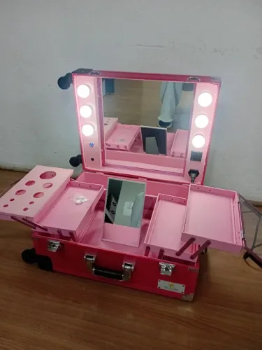 Mala de Maquiagem Camarim LED em Couro PU Rosa 