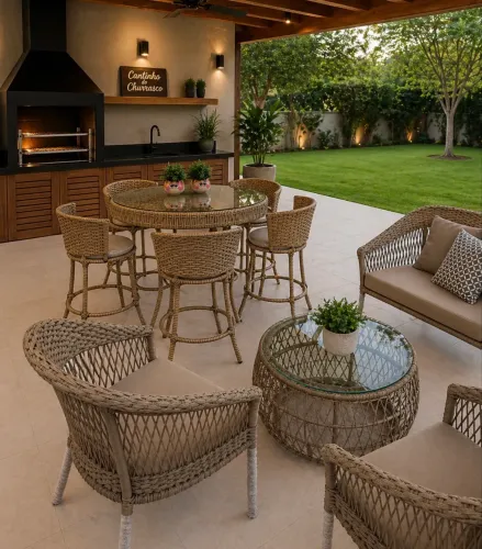 Conjunto sofa área externa + mesa bistrô com 4 banquetas novos