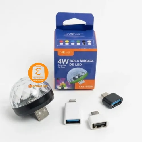 Mini Luz Led RGB Colorido USB + 3 Adaptadores para Celular iPhone, Micro V8 e TIPO-C