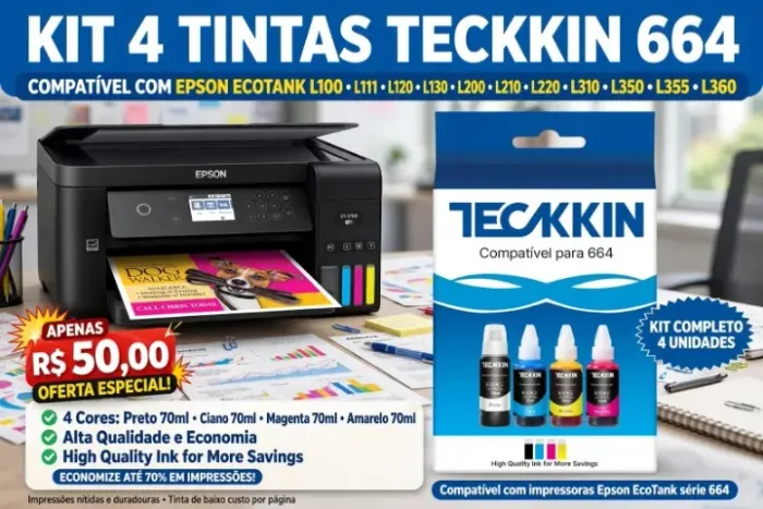 Kit 4 Tintas de Impressora TECKKIN para Epson para 664 para Epson EcoTank