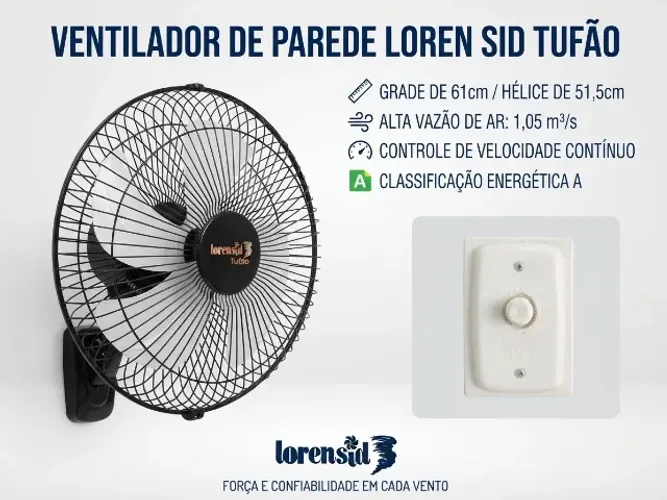 Ventilador de Parede Loren Sid Tufão 60cm Preto