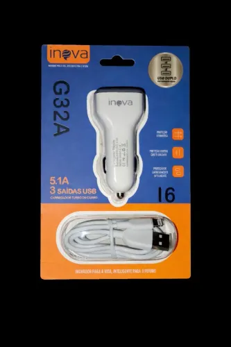 Carregador Veicular Inova G32A 5.1A com 3 Portas USB + Cabo