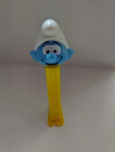 Dispensador de doces vintage antigo retrô PEZ raro Smurf amarelo