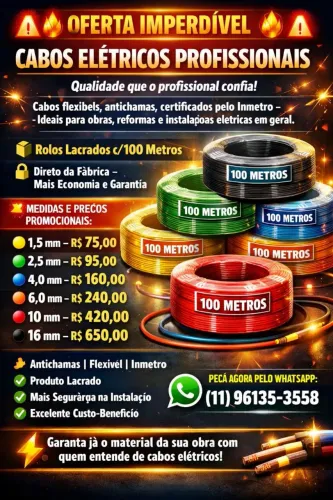 Cabos Elétricos flexível antichamas certificado pelo Inmetro rolos 100mts