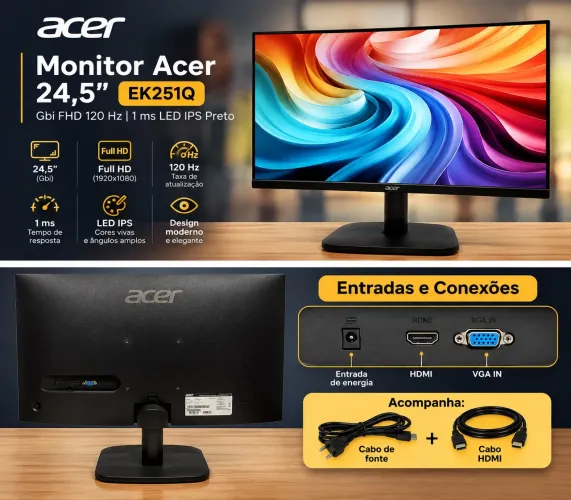 Monitor Acer 24.5" EK251Q Gbi FHD 120 Hz 1 ms LED IPS Preto
