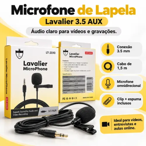 Microfone de Lapela com Fio P2 3,5mm - Novo