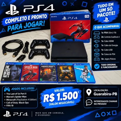 PS4 Slim 1TB + 2 Controles + 5 Jogos (Mídia Física)