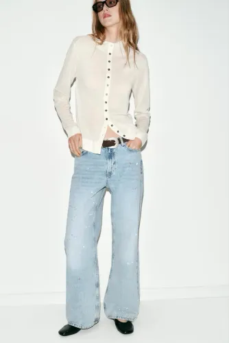 Calça Jeans Zara cintura média efeito pintura