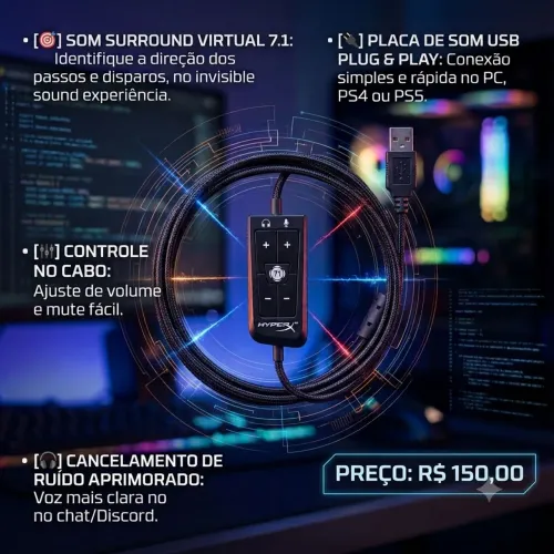 Placa áudio USB Hyperx 