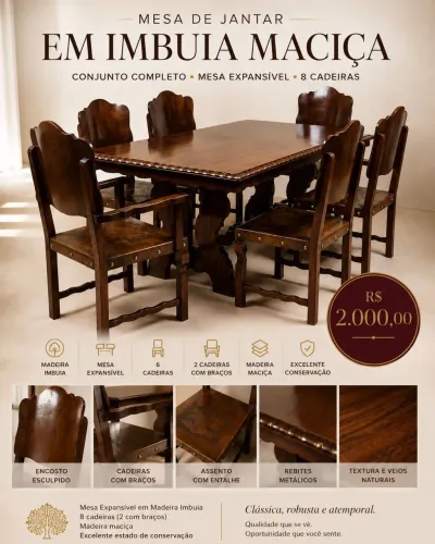 Conjunto mesa de jantar expansível em imbuia 
