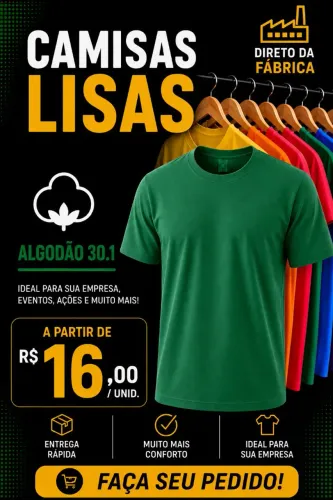 Camisa fio 30.1 lisa direto da fábrica. Pedido mínimo de 300 camisas