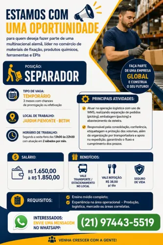 OPORTUNIDADE DE EMPREGO | SEPARADOR | BETIM - MG