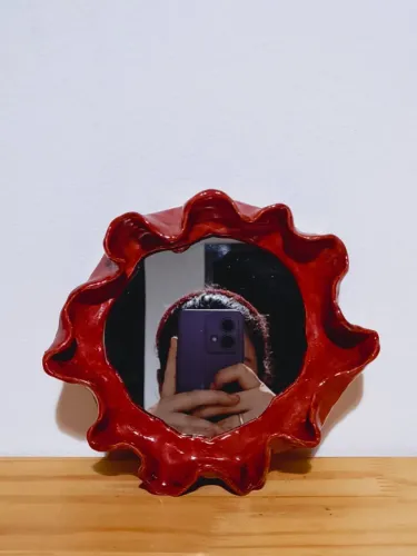 Espelho em cerâmica vitrificada feito a mão artesanal decoração colecionador vintage lindo