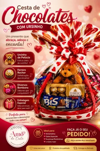 Cesta de Chocolates Com Ursinho de Pelúcia e Ferrero Rocher. 
