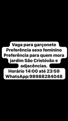 Vaga Garçonete São Cristóvão e adjacências 