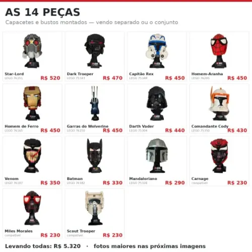 CAPACETES LEGO STAR WARS, HOMEM ARANHA, BATMAN, WOLVERINE, HOMEM DE FERRO