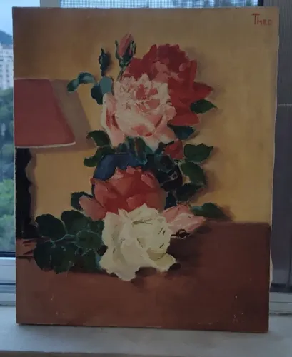 Quadro Flores com abajur, óleo sobre tela, com moldura, 54 x 46 cm.
