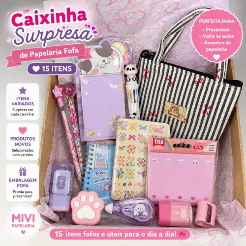 Caixinha Surpresa de Papelaria Fofa com 15 Itens