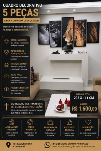 Quadro Decorativo 5 Peças Jesus e Leão 205x111 cm