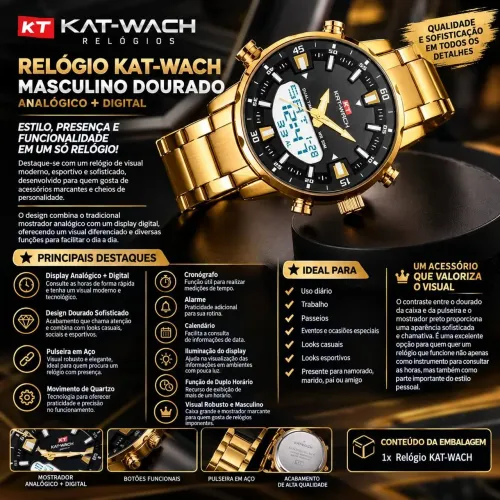 Relógio Masculino Kat Wach Cronômetro Alarme<br>Duplo Mostrador