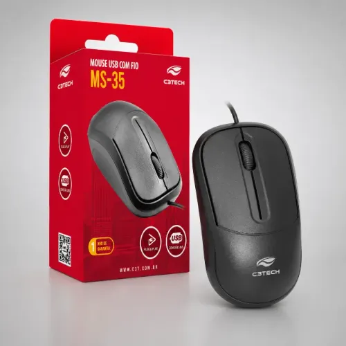 Mouse C3Tech MS-35BK USB Preto Novo - Óptico 1000 DPI - Garantia 1 Ano