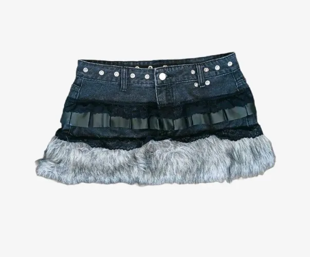 ROMWE Grunge Punk Saia Denim Mini Peluda Retrô Patchwork Y2K