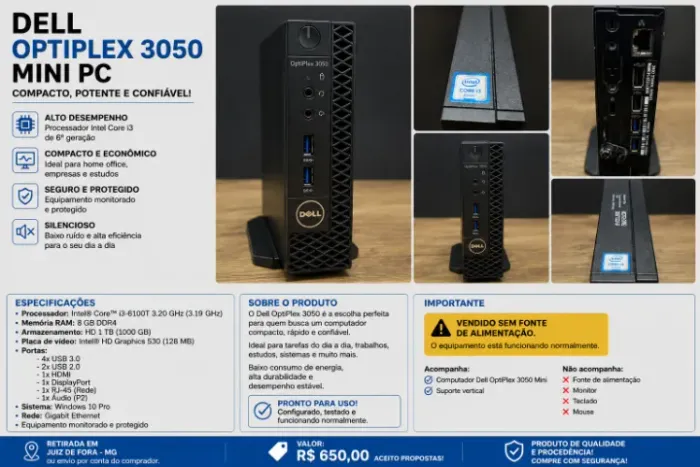 Dell OptiPlex 3050 Mini | Core i3 | 8GB RAM | HD 1TB | Excelente Estado (aceito propostas)