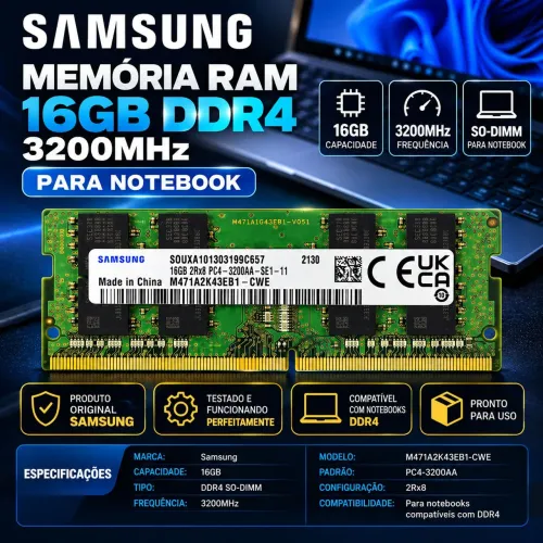 Memória RAM Samsung 16GB DDR4 3200MHz Notebook