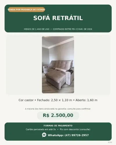 Sofá retrátil cor Castor.