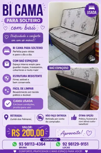 ? VENDO BI CAMA PARA SOLTEIRO COM BAÚ - R$ 200,00 ?