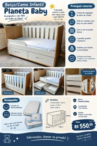 Berço/Cama Infantil Planeta Baby + Colchão e Roupas de Cama