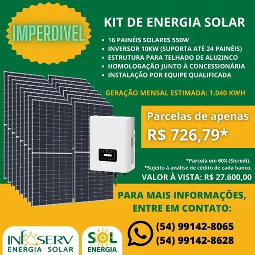 Kit de Energia Solar - Geração Mensal de 1040 KWh