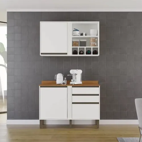 Armário de Cozinha Aéreo Ripado 1 Porta + Balcão 1,20m Branco rf33 