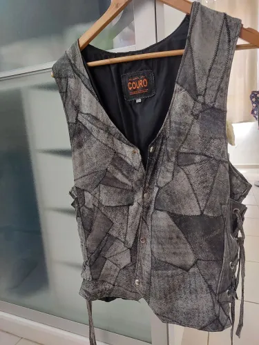 Colete de Couro Masculino - SteamPunk - Patchwork Cinza