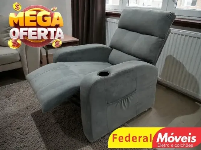 Poltrona do Papai Cinza Veludo Porta Copos Embutidos MAIS VENDIDO