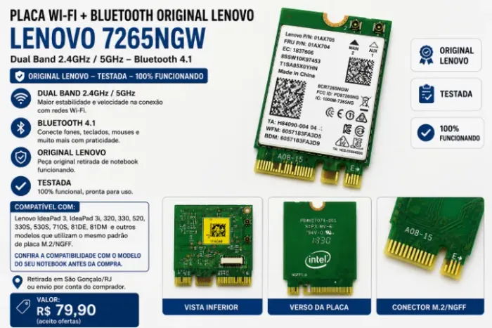 Placa Wi-Fi + Bluetooth Intel Dual Band 7265NGW Original Lenovo Testada