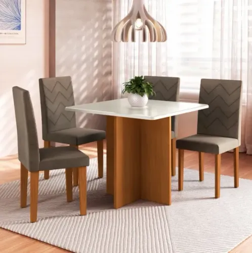 Conjunto de Mesa Santiago 90X90 com 4 cadeiras com Tampo de Vidro