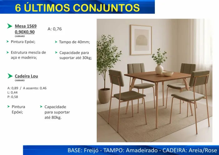 MESA DE JANTAR AMADEIRADO 90X90 C/ 4 CAD