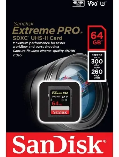 CARTAO DE MEMORIA SD 64GB SANDISK EXTREME PRO 300MB/S V90 4K 8K  - LOJA DADO DIGITAL