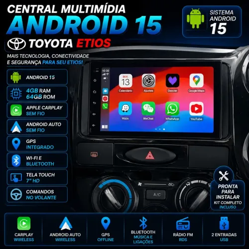 Kit multimídia Android Etios 4 / 64 GB carplay e Android auto GPS wi-fi