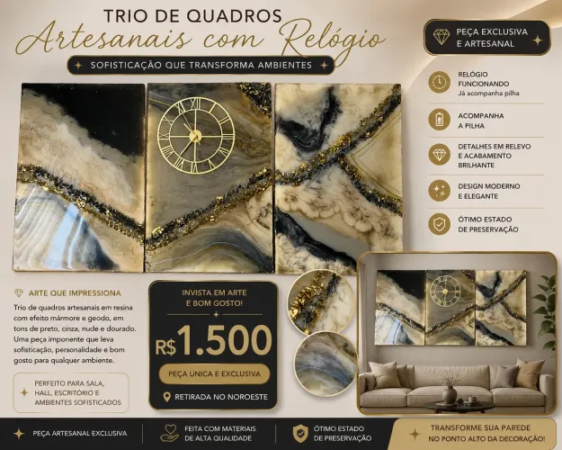 Trio de Quadros Artesanais com Relógio em Resina - Luxo
