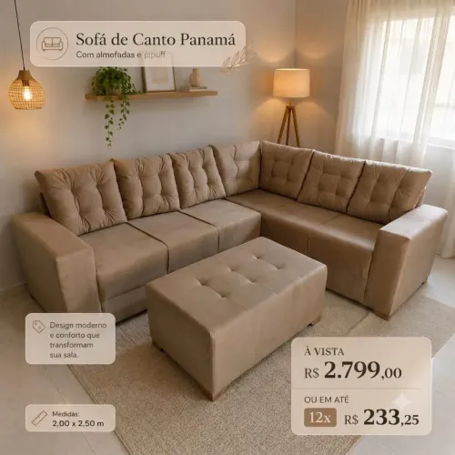 PROMOÇÃO URGENTE - Sofá de Canto GIGANTE Panamá Bege por apenas 12x R$233,25