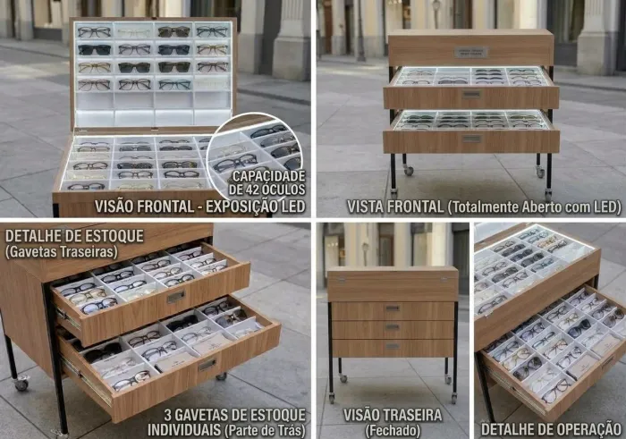 Quiosque Móvel para Óculos com LED + 3 Gavetas de Estoque (Fácil Transporte)