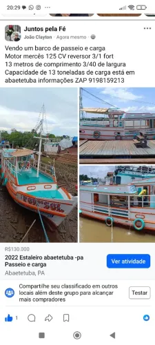 Vendo barco de passeio e carga 13 toneladas
