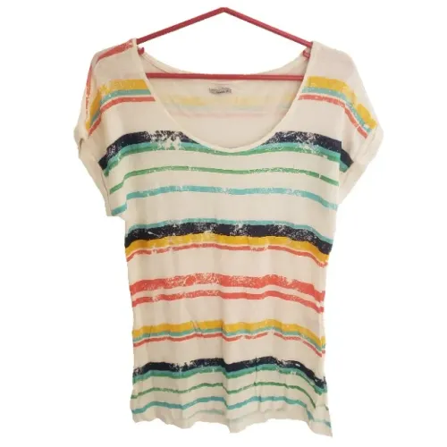 Camiseta Cantão Branca Listras Colorida Feminina Original Tamanho P