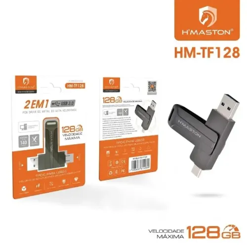 Pen Drive 2 em 1 H'Maston 128GB Metal USB 3.0 Tipo-C OTG HM-TF128 pode retirar no local